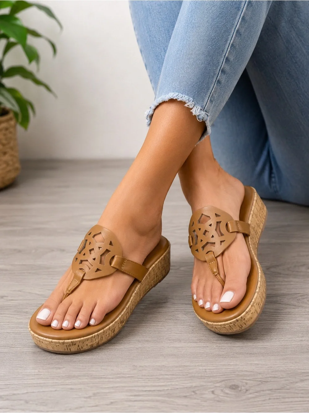 Michael by Michael Shannon Brown Cork Wedge Thong Sandals Women’s Size 9
